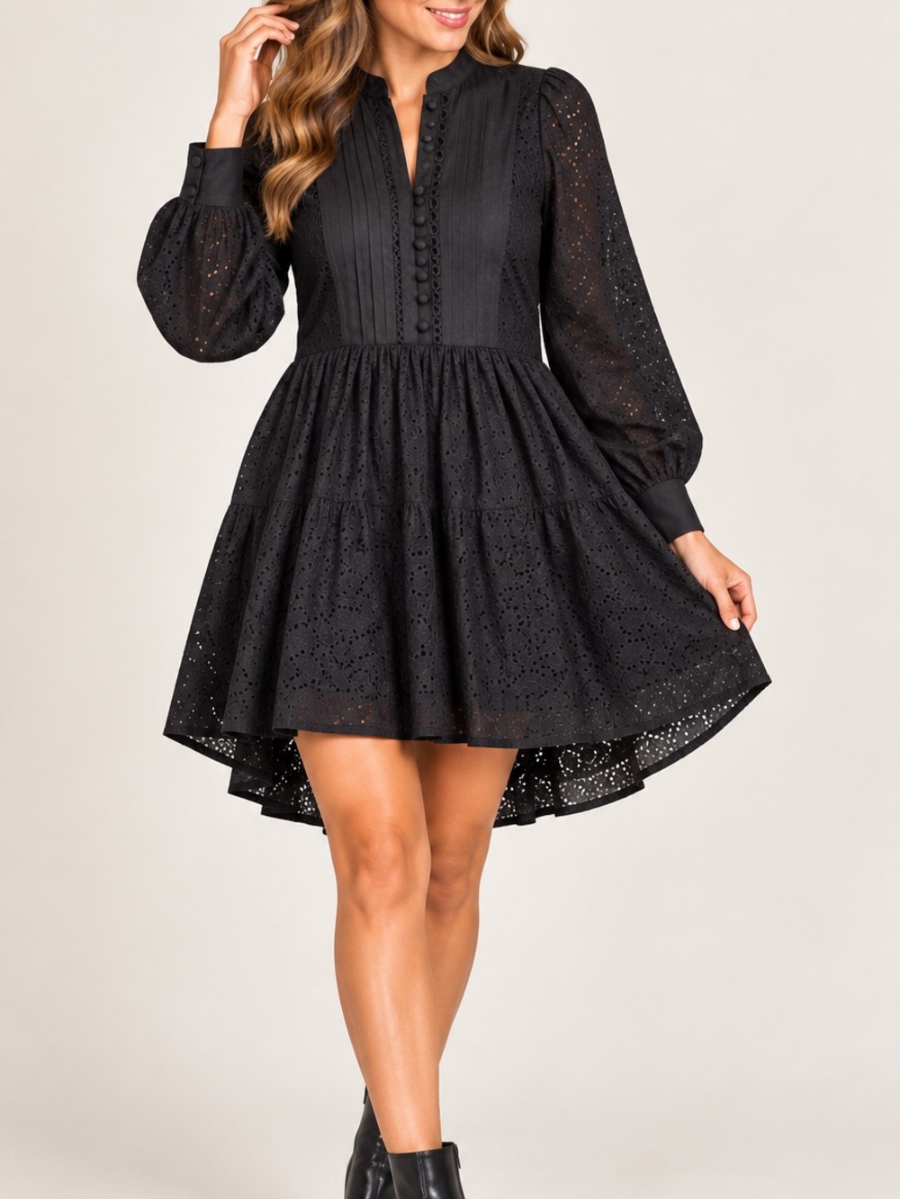 ASA Fashion Black Cotton Eyelet Babydoll Mini Dress Long Sleeve XS
